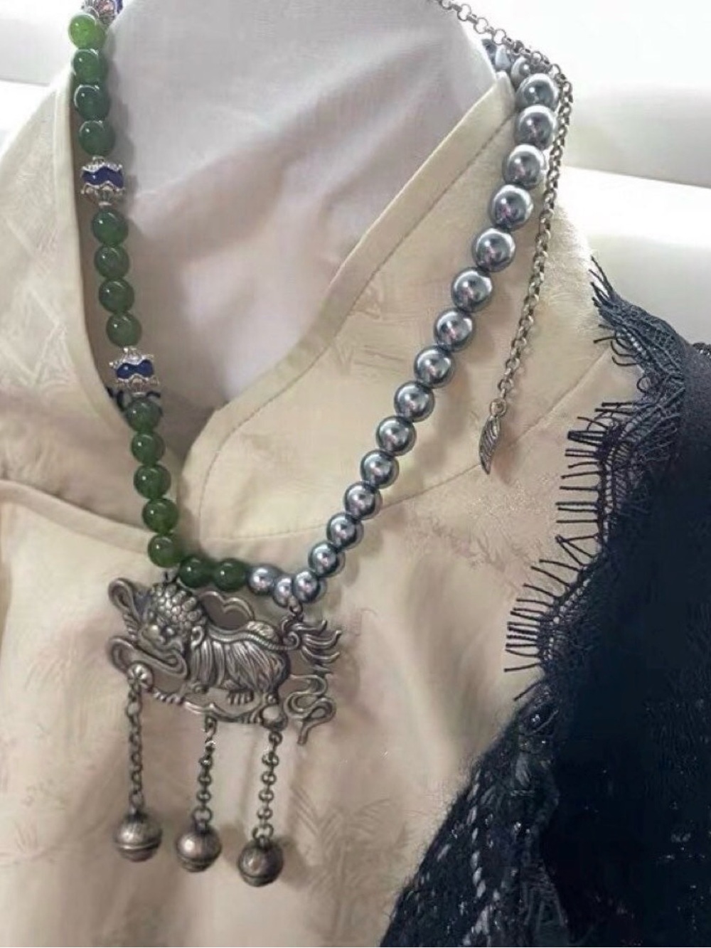 Natural Jadeite and Pearl Pixiu Necklace